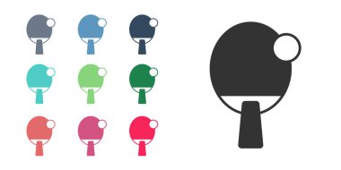 Masa tenisi ikonunu oynamak için siyah raket beyaz arka planda izole edilmiş. Simgeleri renklendirin. Vektör