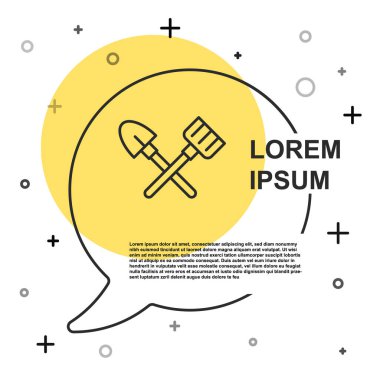 Siyah çizgi kürek ve tırmık simgesi beyaz arkaplanda izole edildi. Bahçecilik, tarım, bahçıvanlık, çiftçilik aletleri. Toprak işçisi. Rastgele dinamik şekiller. Vektör