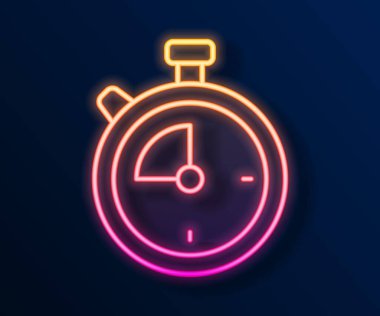 Parlayan neon hattı Stopwatch simgesi siyah arkaplanda izole edildi. Zaman göstergesi. Kronometre işareti. Vektör