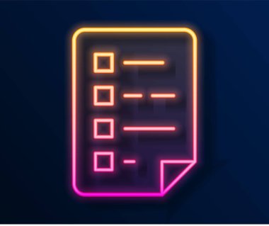 Siyah arkaplanda izole edilmiş kontrol listesi simgesiyle parlayan neon çizgi panosu. Kontrol listesi sembolü. Anket anketi ya da anket geri bildirim formu. Vektör