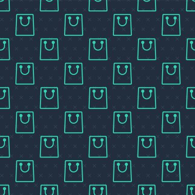 Yeşil çizgi kağıt alışveriş torbası ikonu mavi arka planda izole edilmiş pürüzsüz desen. Paket işareti. Vektör