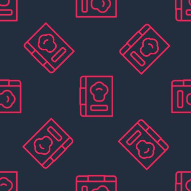 Kırmızı çizgi yemek kitabı simgesi siyah arkaplanda kusursuz desen izole etti. Yemek kitabı ikonu. Yemek tarifi kitabı. Çatal ve bıçak ikonları. Çatal bıçak sembolü. Vektör