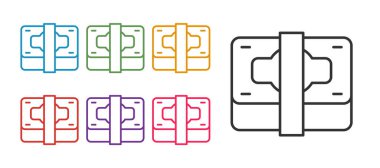 Çizgiyi ayarla kağıt para para ikonu beyaz arka planda izole. Para desteleri. Para birimi. Simgeleri renklendirin. Vektör