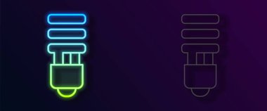Parlayan neon hattı LED ampul simgesi siyah arkaplanda izole edildi. Ekonomik LED ışıklı ampul. Enerji lambasını sakla. Vektör