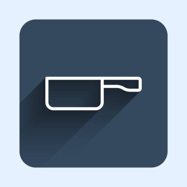 Beyaz çizgi kızartma tavası simgesi uzun gölge arkaplanı ile izole edildi. Kızartma veya kızartma gıda sembolü. Mavi kare düğme. Vektör