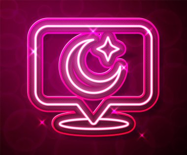 Parlayan neon hattı Ay ve yıldız simgesi kırmızı arkaplanda izole edildi. Bulutlu gece işareti. Uyku rüyalarının sembolü. Dolunay. Gece ya da yatak zamanı tabelası. Vektör