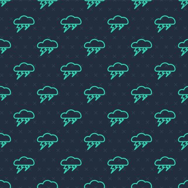 Yeşil çizgi Storm simgesi mavi arka planda kusursuz desen izole etti. Bulut ve şimşek işareti. Fırtınanın hava durumu ikonu. Vektör