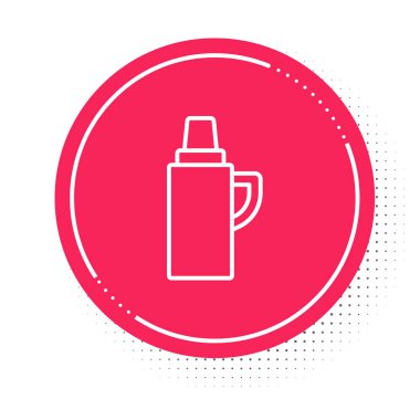 Beyaz çizgi termos konteynır simgesi beyaz arkaplanda izole edildi. Termo matara ikonu. Kamp ve yürüyüş ekipmanları. Kırmızı daire düğmesi. Vektör