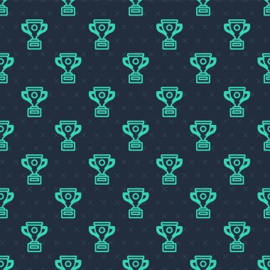 Yeşil çizgi ödüllü kupa ikonu mavi arkaplandaki kusursuz deseni izole etti. Galibiyet ödülü sembolü. Şampiyonluk ya da yarışma kupası. Spor başarısı işareti. Vektör