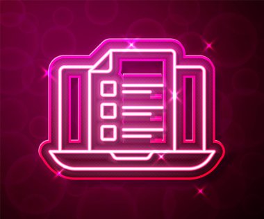 Parlayan neon hattı kırmızı arkaplanda izole edilmiş test, inceleme ya da kontrol listesi simgesi. Sınav listesi. E-eğitim konsepti. Vektör