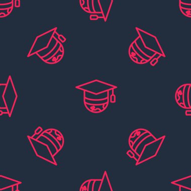 Dünya ikonundaki kırmızı çizgi mezuniyet kapağı siyah arkaplanda izole edilmiş pürüzsüz desen. Dünya eğitim sembolü. Çevrimiçi öğrenme ya da e-öğrenme kavramı. Vektör