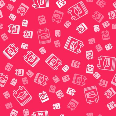 Beyaz çizgi Çevrimiçi Eğitim ve mezuniyet ikonu kırmızı arka planda izole edilmiş kusursuz desen. İnternetteki öğretmen monitörde. Giyinme ve video semineri öğrenme. Vektör