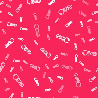 Beyaz çizgi VR denetleyici oyun simgesi kırmızı arkaplanda izole edilmiş pürüzsüz desen. Sanal gerçeklik deneyimi, mevcudiyet hissi, konum takip teknolojisi cihazı. Vektör