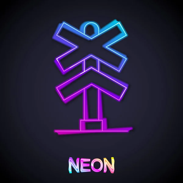 Glödande Neon Line Järnväg Korsning Ikon Isolerad Svart Bakgrund Järnvägsskylt — Stock vektor