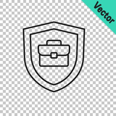 Şeffaf arkaplan üzerinde kalkan simgesi olan siyah çizgi evrak çantası. Sigorta konsepti. Güvenlik, güvenlik, koruma, konsept koruma. Vektör