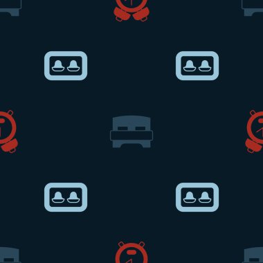 Alarm saatini, büyük yatağı ve depolu kulak tıkaçlarını kusursuz desenli ayarla. Vektör