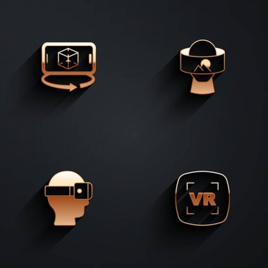3D modelleme, sanal gerçeklik gözlükleri ve uzun gölgeli ikon ayarla. Vektör