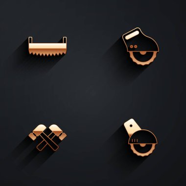 Çift el testere, elektrikli daire, çapraz çekiç ve uzun gölgeli ikon. Vektör