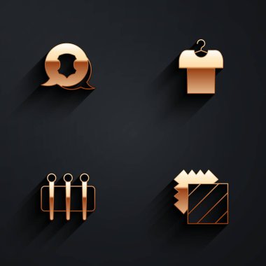 Deri, tişört askıya, dikiş iğnesi ve uzun gölgeli tekstil ikonu. Vektör