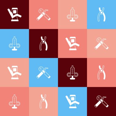 Popüler sanat eseri diş hekimliği koltuğu, diş aynası ve sonda, şırınga ve pense ikonunu ayarla. Vektör