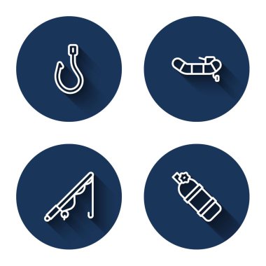 Olta oltası, motor, olta ve uzun gölgeli Aqualung ile şişme bot. Mavi daire düğmesi. Vektör