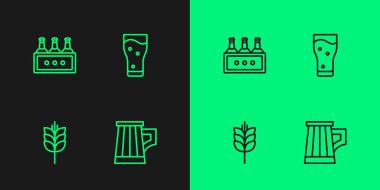 Ahşap bira kupası, buğday, bir paket şişe ve cam ikon. Vektör