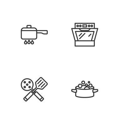 Yemek pişirme kabını, Spatula 'yı ateşe ver ve fırın ikonunu. Vektör