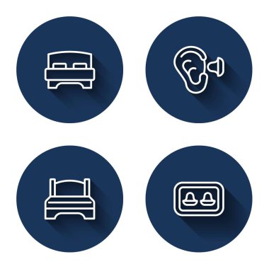 Büyük yatak, kulak tıkaçları ve uzun gölgeli depolama kutusu. Mavi daire düğmesi. Vektör