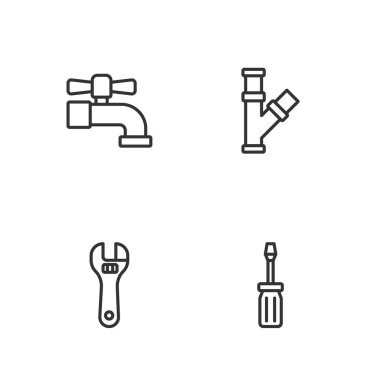Tornavida, ayarlanabilir anahtar, su musluğu ve endüstriyel metalik boru ikonu. Vektör