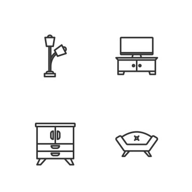 Sıra kanepe, göğüs çekmecesi, yer lambası ve televizyon masası simgesi. Vektör