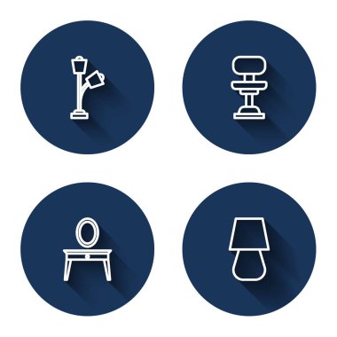 Sıra lambası, ofis koltuğu, soyunma masası ve uzun gölgeli masa. Mavi daire düğmesi. Vektör