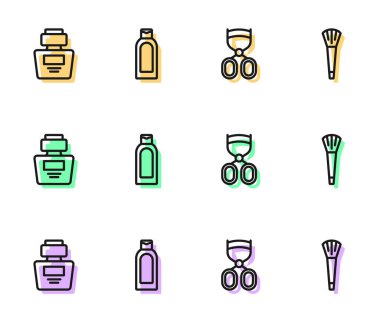 Kirpik bigudi, parfüm, bir şişe şampuan ve makyaj fırçası ikonu. Vektör