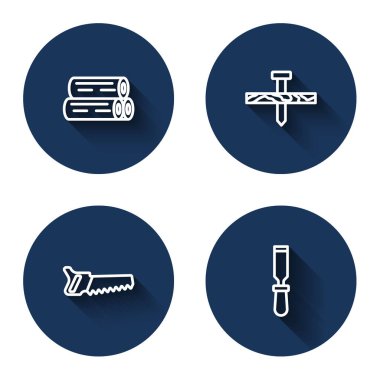 Sıra ahşap kütük, metal çivi, el testeresi ve uzun gölgeli keski aleti. Mavi daire düğmesi. Vektör