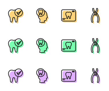 Diş, diş, diş ağrısı ve diş pensesi ikonu röntgenlerini hazırlayın. Vektör