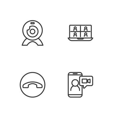 Görüntülü sohbet konferansı, telefon ahizesi, web kamerası ve ikon ayarla. Vektör