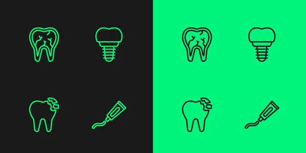 Definir Linha Tubo Pasta Dentes Quebrado Ícone Implante Dentário Vetor —  Vetores de Stock