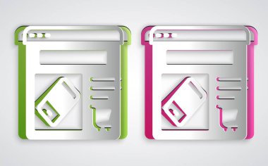 Kağıt kesme çevrimiçi alışveriş ekranı simgesi gri arkaplanda izole edildi. Konsept e-ticaret, e-ticaret, online iş pazarlama. Kağıt sanatı tarzı. Vektör