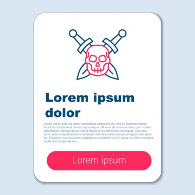 Gri arka planda kafatasının simgesi olan ortaçağ kılıcını çaprazlamış. Ortaçağ silahı. Renkli taslak konsepti. Vektör