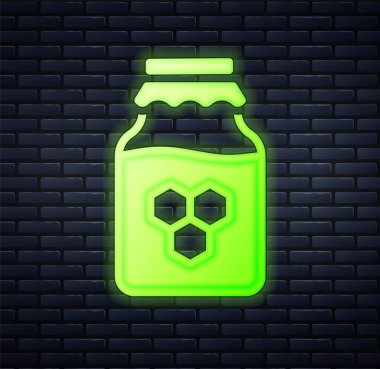 Parlayan neon kavanoz bal ikonu tuğla duvar arka planında izole edilmiş. Yiyecek bankası. Tatlı doğal gıda sembolü. Vektör