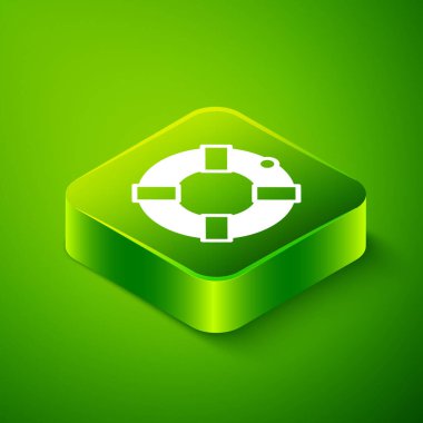 Isometric Lifebuoy simgesi yeşil arkaplanda izole edildi. Can simidi sembolü. Yeşil kare düğmesi. Vektör