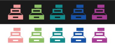 Yazar kasa makinesini siyah beyaz arkaplanda izole edilmiş bir çek simgesi ile ayarla. Kasiyer tabelası. Tabut sembolü. Vektör