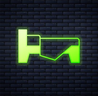 Parlayan neon yatak ikonu tuğla duvar arka planında izole edilmiş. Vektör