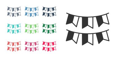 Beyaz arka planda izole edilmiş siyah karnaval çelengi. Doğum günü kutlaması için parti flamaları, festival dekorasyonu. Simgeleri renklendirin. Vektör