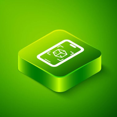 Isometric 3d model simgesi yeşil arkaplanda izole edildi. Artırılmış gerçeklik mi yoksa sanal gerçeklik mi? Yeşil kare düğmesi. Vektör