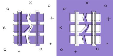 Kırık ya da çatlak rayları beyaz ve mor arkaplanda izole edilmiş bir demiryolu ikonuna ayarla. Vektör