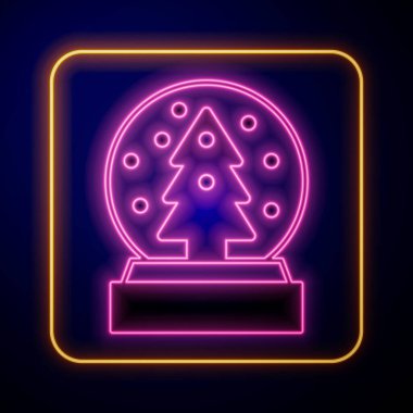 Yağan kar ve siyah arka planda izole edilmiş noel ağacı ikonu ile parlayan neon rengi kar küresi. Mutlu Noeller ve mutlu yıllar. Vektör