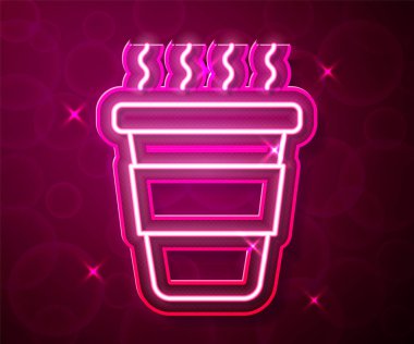 Kırmızı arka planda izole edilmiş parlak neon hattı kahve fincanı. Vektör