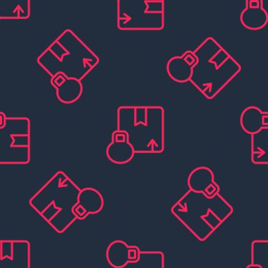 Kırmızı çizgi karton kutu simgesi siyah arkaplanda izole edilmiş kusursuz desen. Kutu, paket, paket işareti. Teslimat ve ambalaj. Vektör