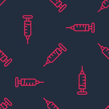 Kırmızı çizgi şırınga simgesi siyah arkaplanda izole edilmiş. Aşı için şırınga, aşı, iğne, grip aşısı. Tıbbi ekipman. Vektör