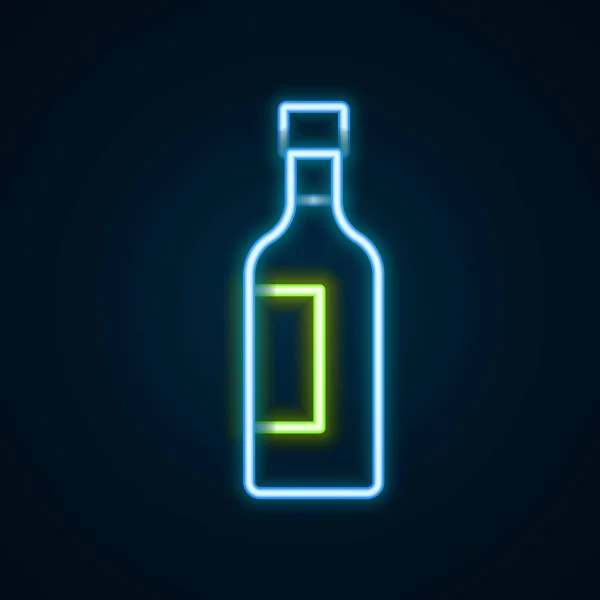 Gloeiende Neon Lijn Fles Van Wijn Pictogram Geïsoleerd Zwarte Achtergrond — Stockvector